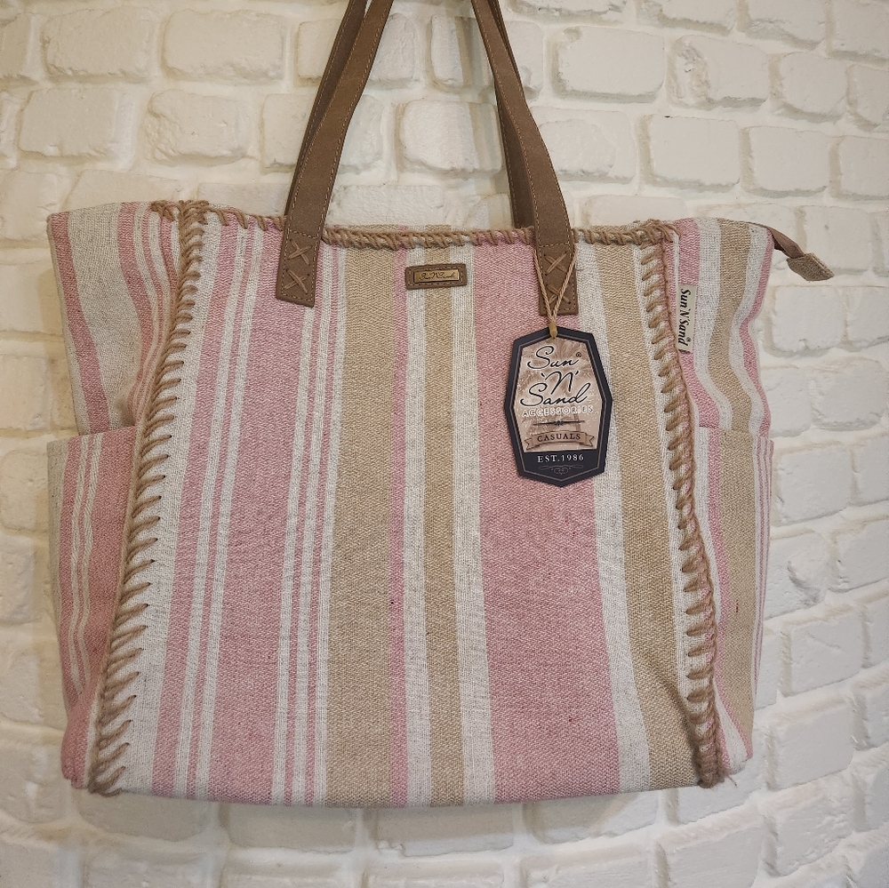 Sun N Sand triped Pink and Tan Denim Lightweight Tote Bag New